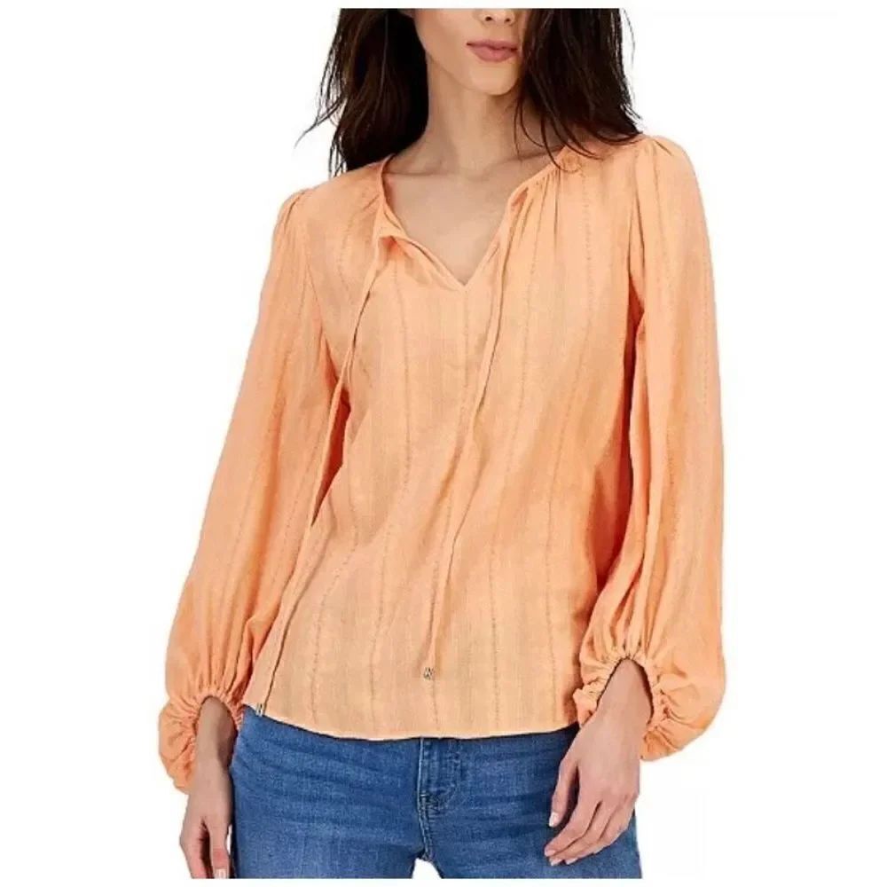 TOMMY HILFIGER - 🎉HP🎉NWT - L Sz XL Textured Tie Puff-Sleeve Peasant Top/Coral